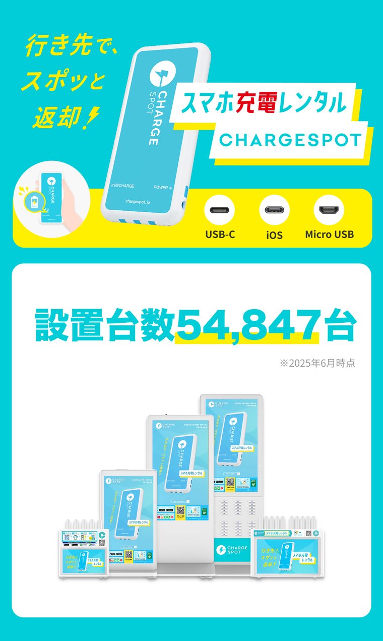 Ảnh pin sạc dự phòng và trụ pin của CHARGESPOT. Trả pin tiện lợi ngay tại nơi bạn đến, kèm 3 loại cáp USB-C・iOS・Micro USB, số trụ lắp đặt 54,847 (tại thời điểm tháng 6/2025)